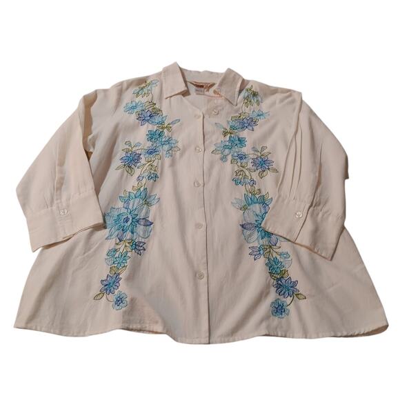 NEW Floral Embroidered Blouse Top Shirt Cotton Linen Plus 1X Off-White Blue Boho - Picture 2 of 11